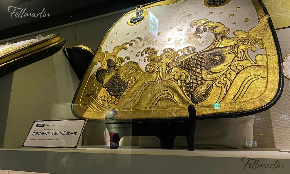 名古屋刀劍博物館 名古屋刀剣ワールド Samurai Museum Nagoya Touken World 古代具有地位的人才能使用的金色馬用鞍具-荒波に鯉図無双障泥・革物一式